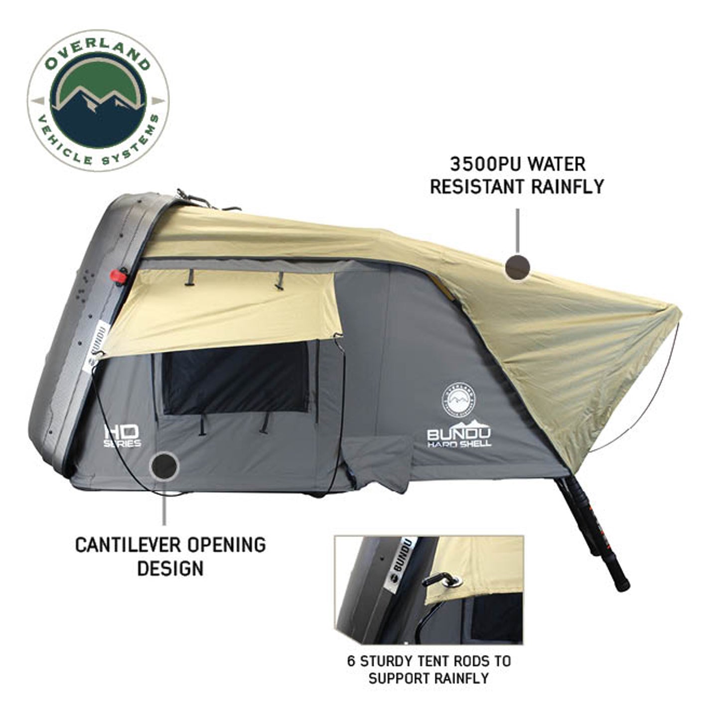 HD Bundu Cantilever Hard Shell Roof Top Tent, Grey Body & Green Rainfly