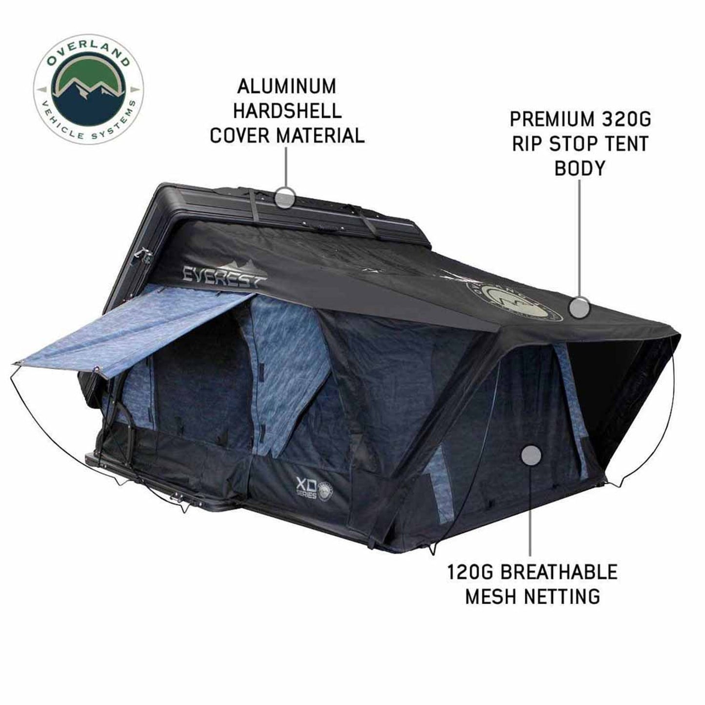 XD Everest Cantilever Aluminum Hard Shell Roof Top Tent, Blue Body & Black Rainfly